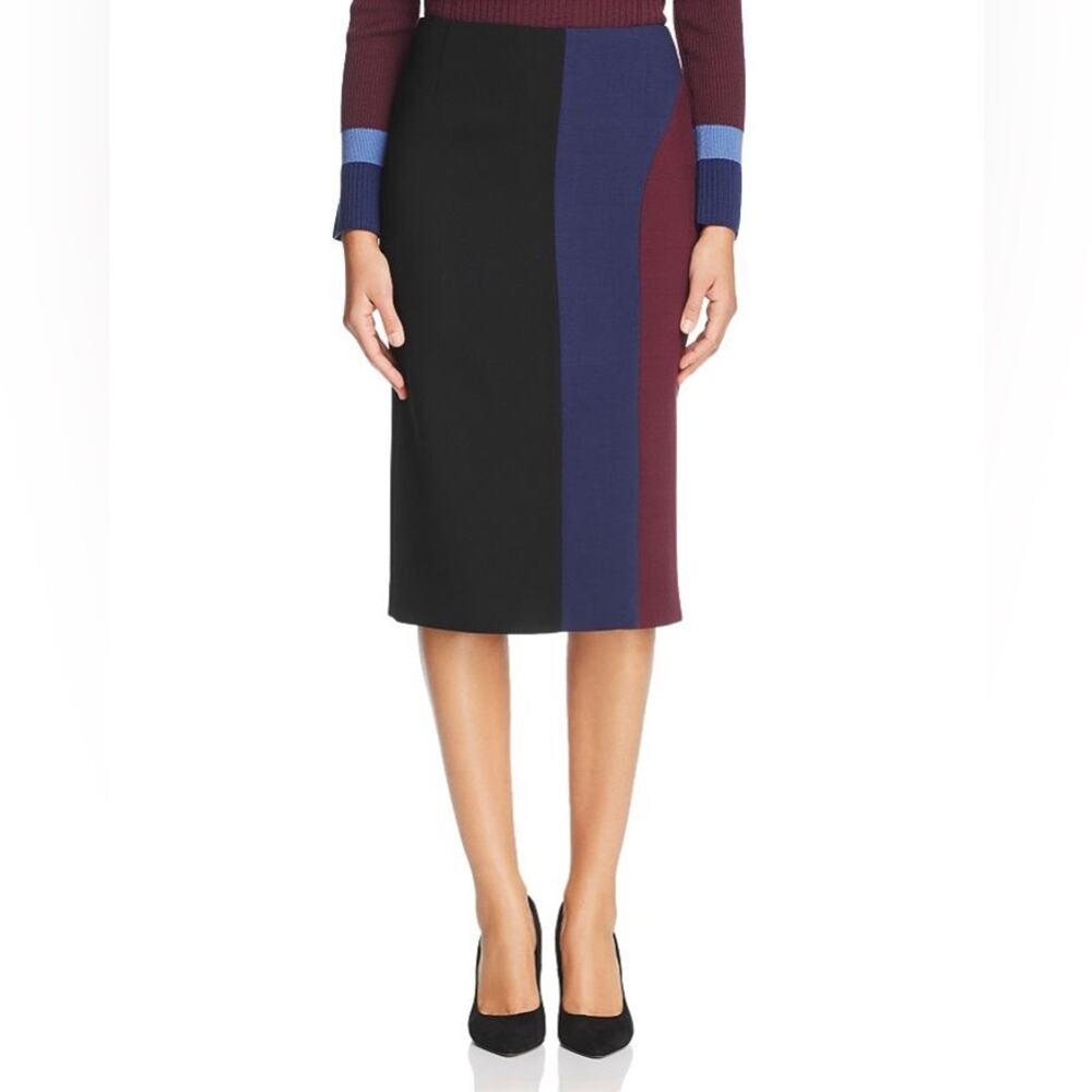 BOSS Hugo Boss Velivia black burgundy blue colorblock wool pencil skirt 10